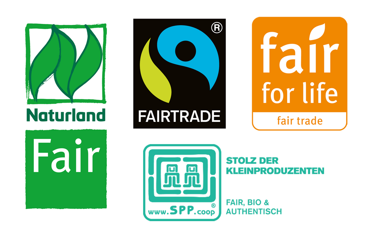 Anerkannte Siegel des Fairen Handels: Naturland Fair, Fairtrade, SPP und Fair for Life