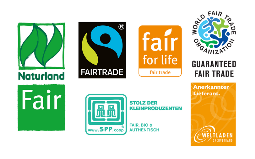Anerkannte Kontrollsysteme des Fairen Handels: Naturland Fair, Fairtrade, Fair for Life, SPP, das WFTO-Garantie-System und der Lieferantenkatalog des Weltladen-Dachverband
